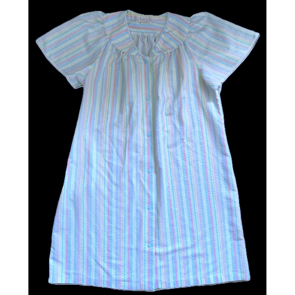 Pastel Stripe SEERSUCKER SNAP-FRONT LOUNGER Dan-Ellen Housecoat Dress 38 Vtg 70s